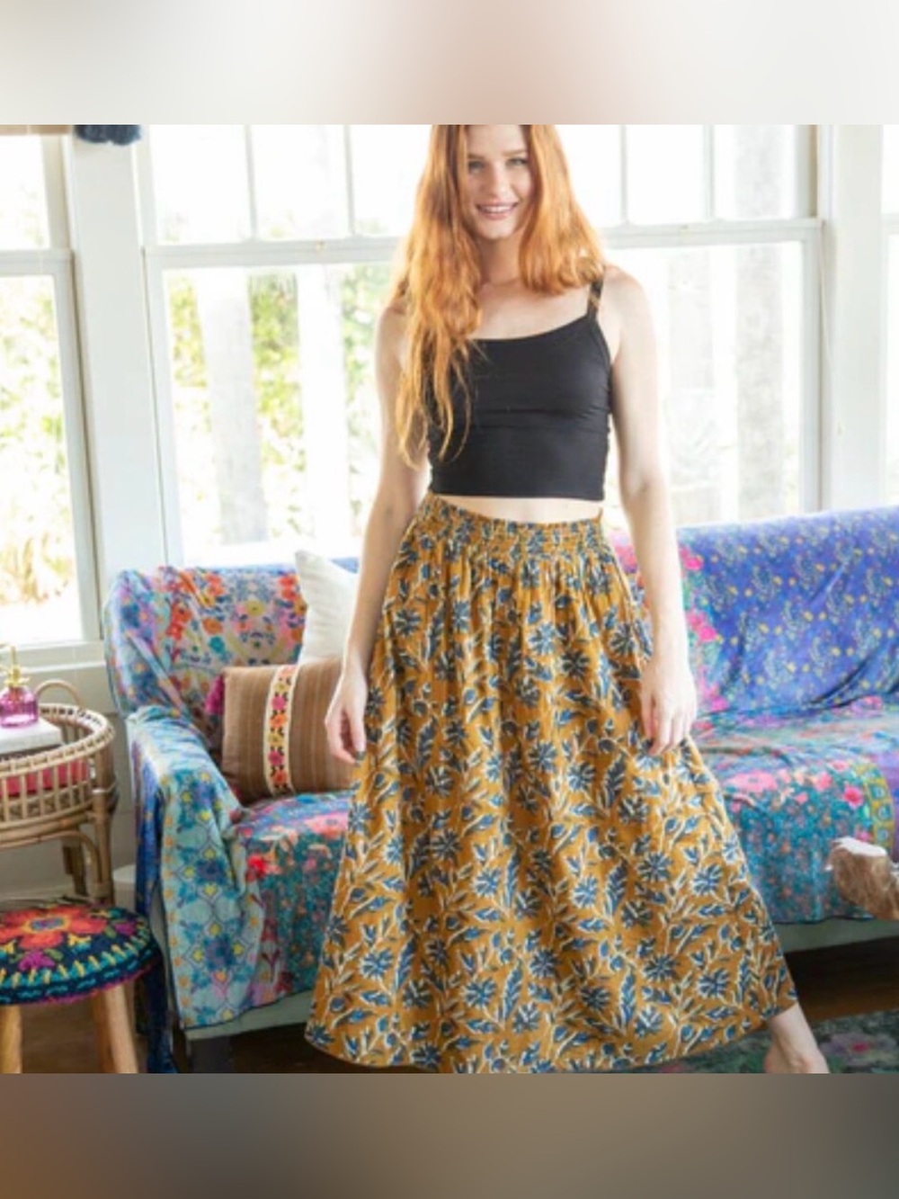 Natural Life Yellow and Brown Smocked A-Line Midi Skirt